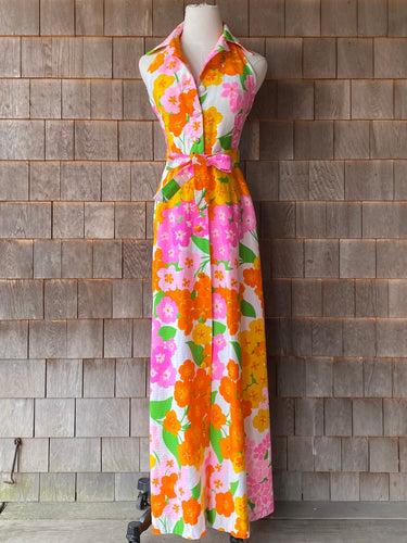 Malia 1960s Bright FLoral Lapel Halter Maxi Dress