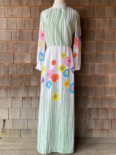 Cream Floral 1960s Long Sleeve Maxi Dress