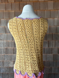 Vintage Tan & Lilac Crochet Top with Flowers