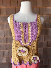 Load image into Gallery viewer, Vintage Tan &amp; Lilac Crochet Top with Flowers