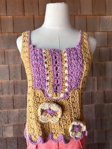 Vintage Tan & Lilac Crochet Top with Flowers