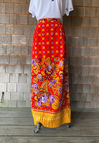 Vintage Red Velvet Maxi Skirt with Lavender and Yellow Flowers