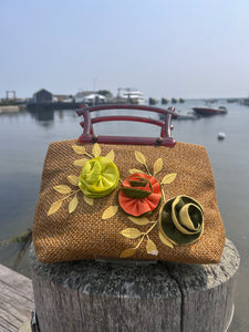 Vintage Woven Bag w/ Lucite Handles & Fabric Flowers