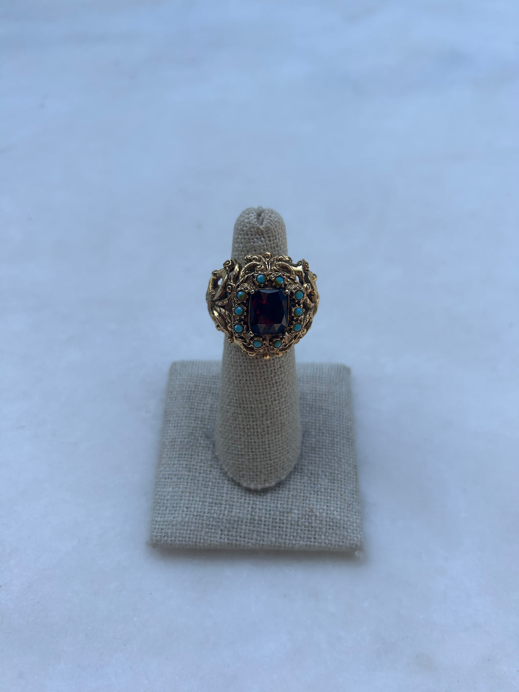 Vintage 14K Gold Ring with Diamonds, Sapphires and Ruby Center