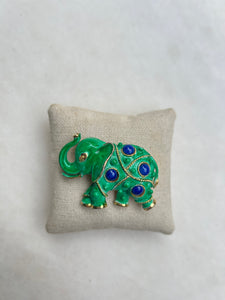 Vintage Bright Green Elephant Brooch with Royal Blue Gems