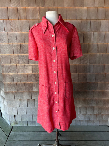 1970s Pointed Lapel Red Shirt Dress