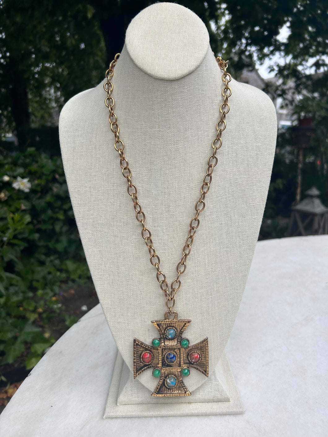 Vintage Cross Necklace with Multi Colored Gems