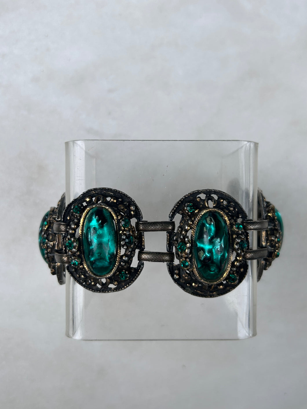 Vintage Bracelet with Emerald-like Gems & Rhinestones