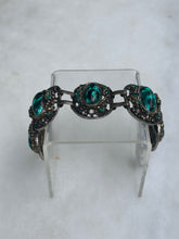 Load image into Gallery viewer, Vintage Bracelet with Emerald-like Gems &amp; Rhinestones