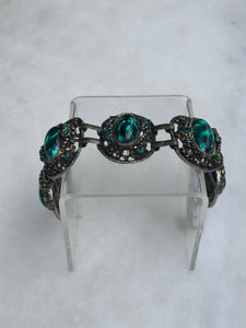 Vintage Bracelet with Emerald-like Gems & Rhinestones