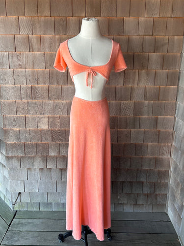 Vintage 1970s I.Magnin Peach Terry Cloth Crop Top & Skirt Set