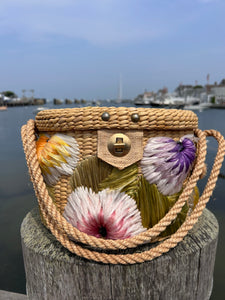 Vintage Woven Drum Bag w/ Raffia Florals & Rope Handle