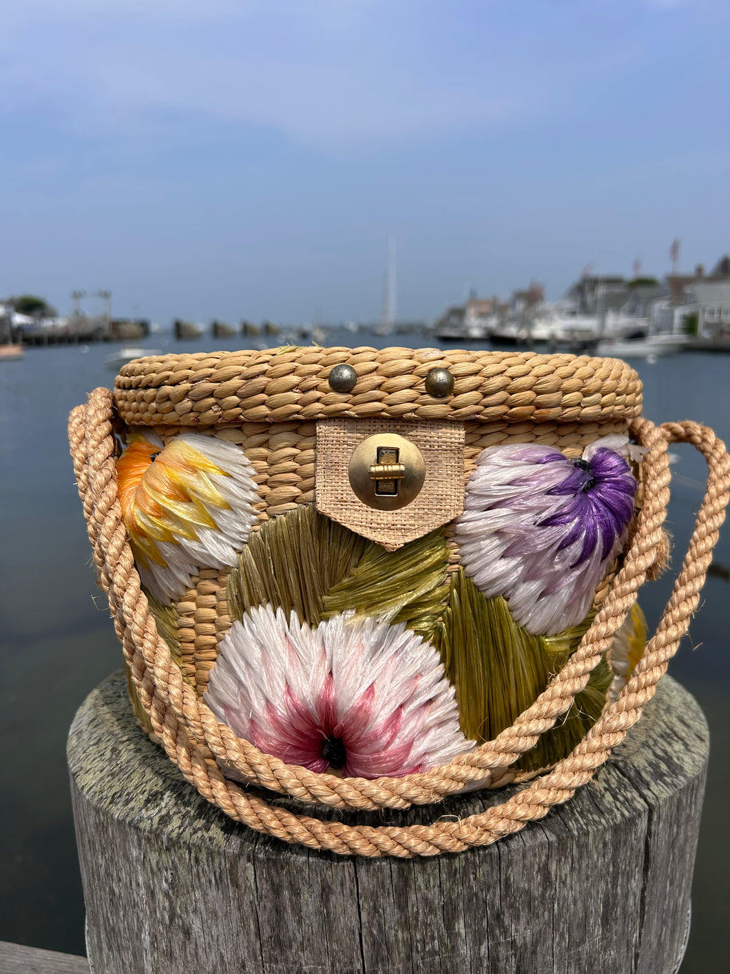 Vintage Woven Drum Bag w Raffia Florals Rope Handle Current
