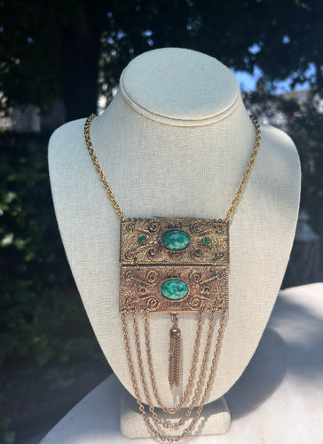 Vintage Gold Rectangle Necklace with Chain Tassels