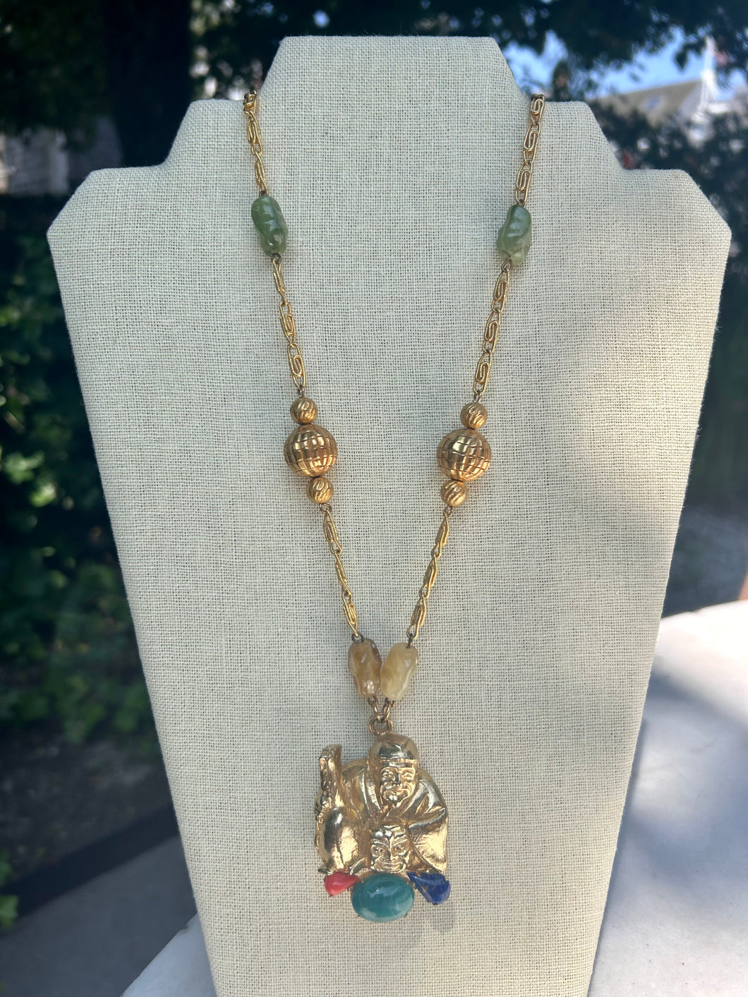 Vintage Golden Chain Necklace with Multi-Color Stones & Asian Pendant