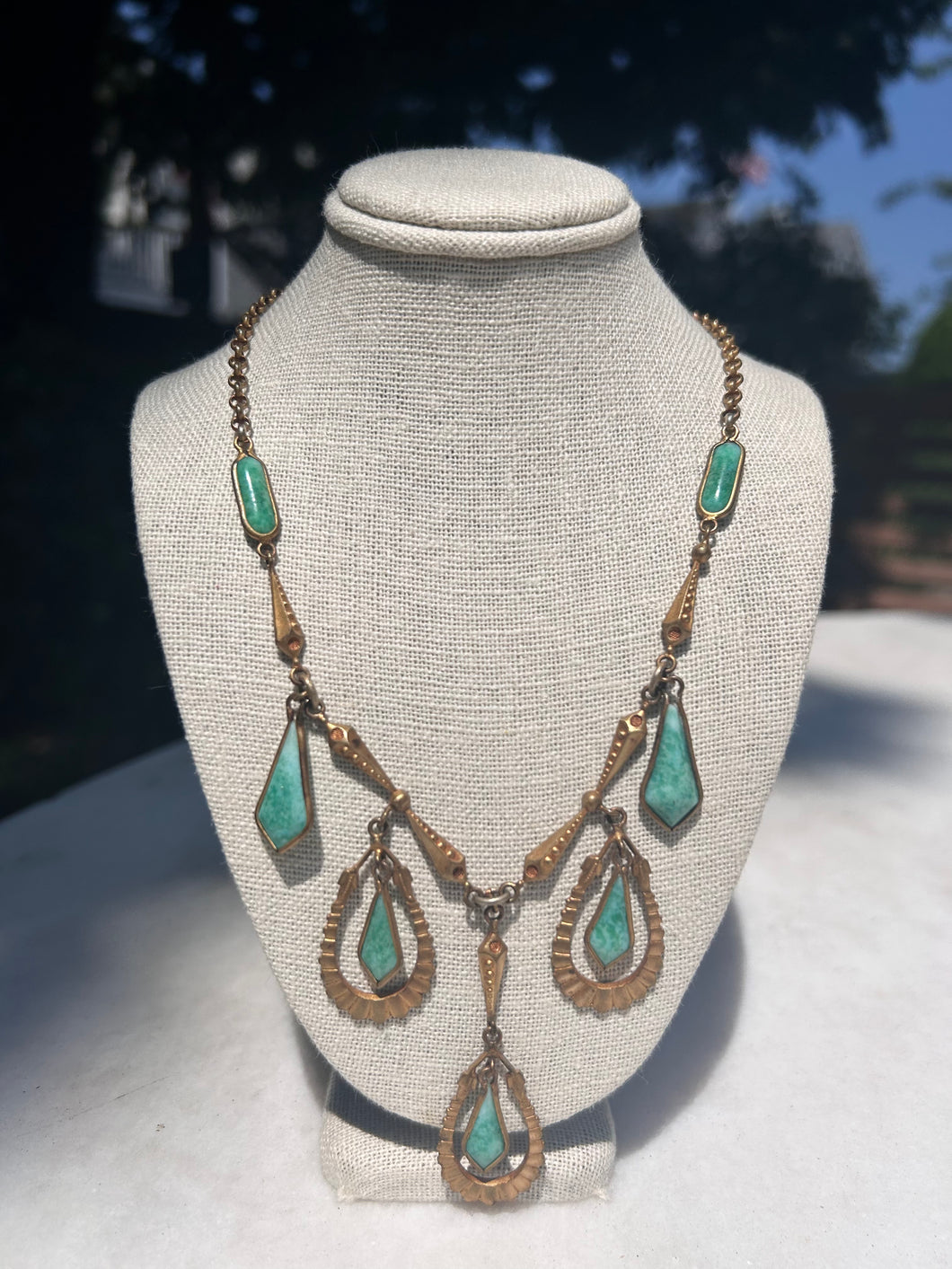 Vintage Bronze Necklace with Turquoise Teardrops