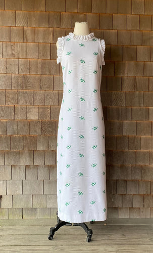 Vintage 1960s Embossed White Cotton Maxi w/ Embroidered Green Dragons