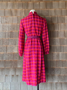 Vintage 1960s Jeunesse New York Fuschia Plaid Fall Dress w/ Rope Belt