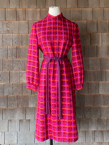 Vintage 1960s Jeunesse New York Fuschia Plaid Fall Dress w/ Rope Belt