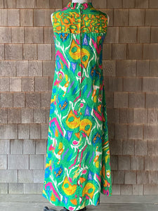 Vintage 1960s Kelly Green Abstract Shell Maxi