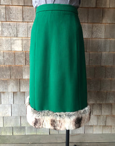 Vintage 1960s Kelly Green Wool Skirt with Chinchilla Trim