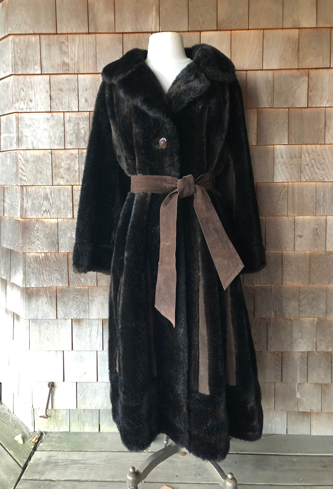 Vintage 1960s Lilli Ann Chocolate Brown Faux Fur Coat with Suede Insets & Belt