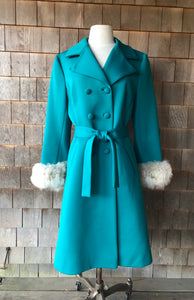 Vintage 1960s Lilli Ann Teal Coat with Fox Cuffs