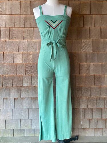 Vintage 1970s Sage Green Velour Jumpsuit with Chevron Bust