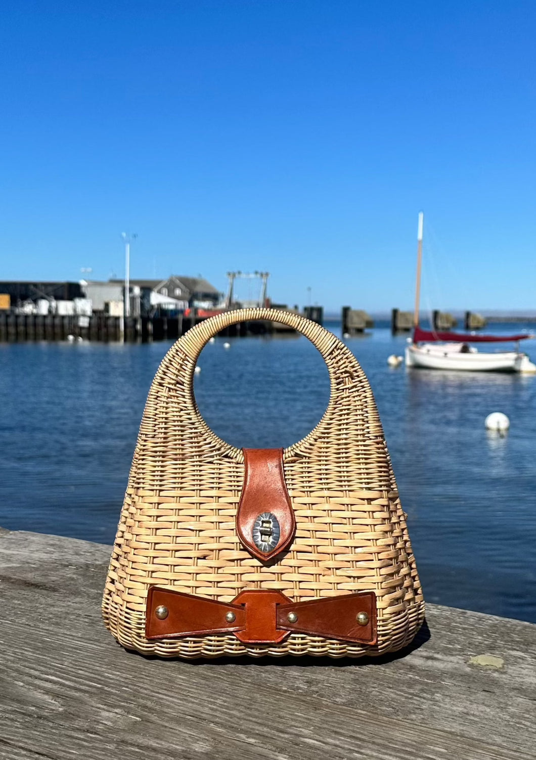 Vintage 1970s Wicker Handbag w/Leather Accents and Round Top Handle