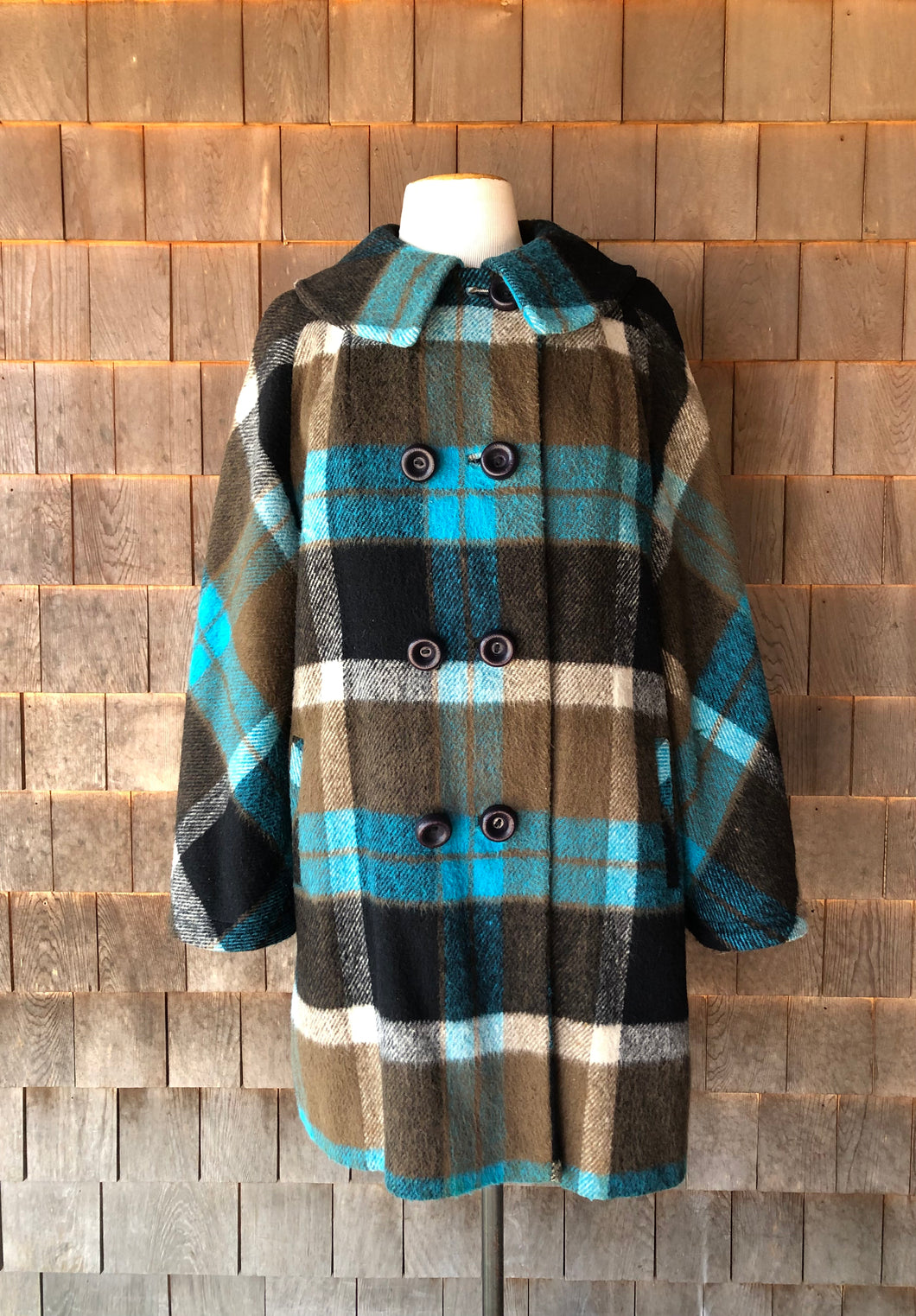 Vintage Aqua, Brown and Black Plaid Collared Coat