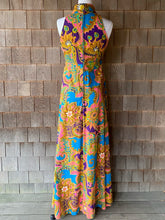 Load image into Gallery viewer, Vintage Blue, Gold, Purple &amp; Pink Paisley Cowl Neck Maxi