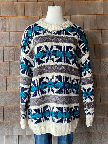 Vintage Chunky Knit Grey, Navy & Teal Wool Sweater