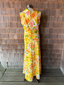 Vintage Yellow Floral Mock Cowl Neck Sleeveless Maxi