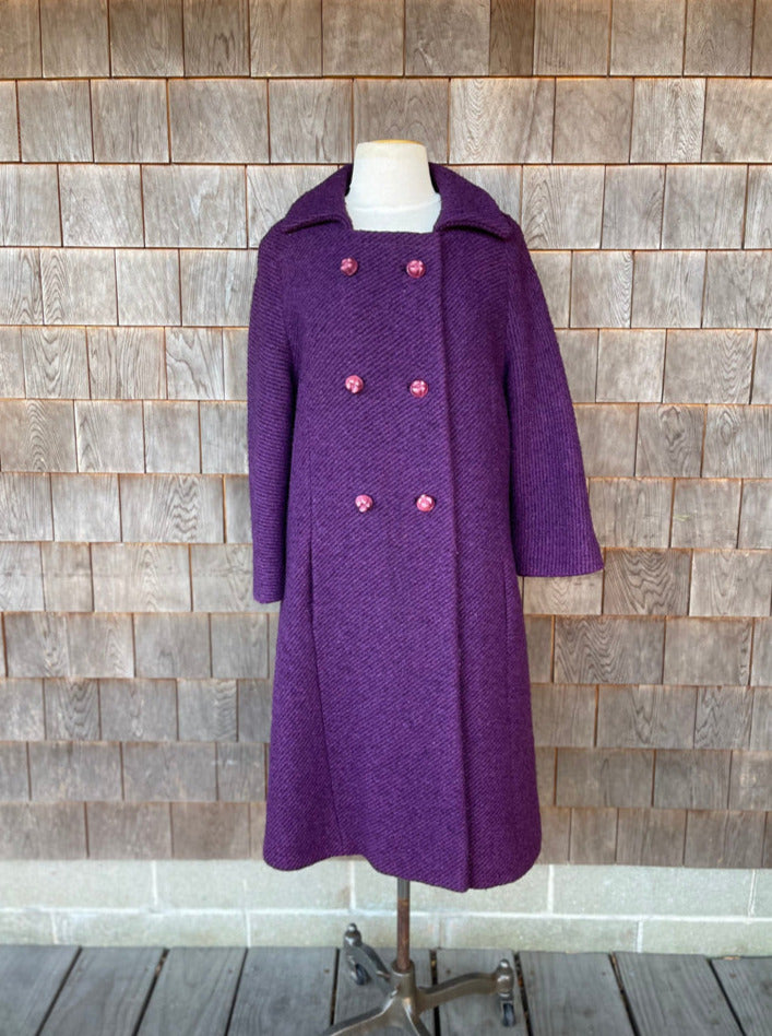 Vintage 1960's I. Magnin Ribbed Boucle Purple Wool Coat w/ Fun Buttons