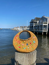 Load image into Gallery viewer, Wicker &amp; Raffia Crescent Floral Bag