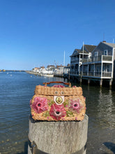 Load image into Gallery viewer, Wicker &amp; Raffia Pink Floral Bag w/ Wood Handle