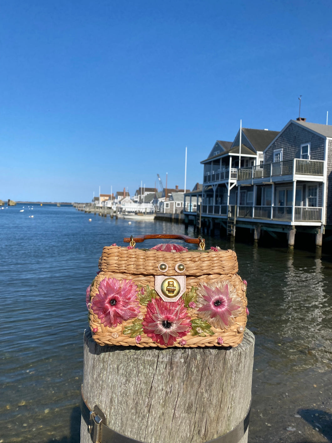 Wicker & Raffia Pink Floral Bag w/ Wood Handle
