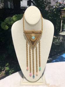 Vintage Bronze Triangle Statement Necklace with Multicolor Stones