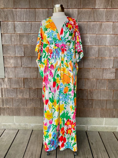 Vintage 1970s Tropical Floral Tulip Maxi Caftan
