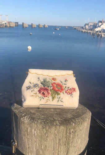 Vintage Cream Beaded Evening bag with Floral Needlepoint