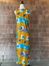 Load image into Gallery viewer, Vintage Gold &amp; Blue Hibiscus Hawaiian Column Dress