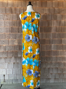 Vintage Gold & Blue Hibiscus Hawaiian Column Dress