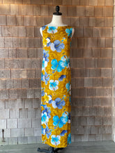 Load image into Gallery viewer, Vintage Gold &amp; Blue Hibiscus Hawaiian Column Dress