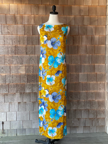 Vintage Gold & Blue Hibiscus Hawaiian Column Dress
