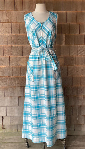 Vintage Sky Blue and White Gingham Maxi with Pockets