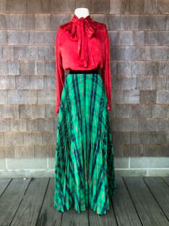 Vintage Tartan Green Maxi Skirt with Accordian Pleats and Velvet Waistband